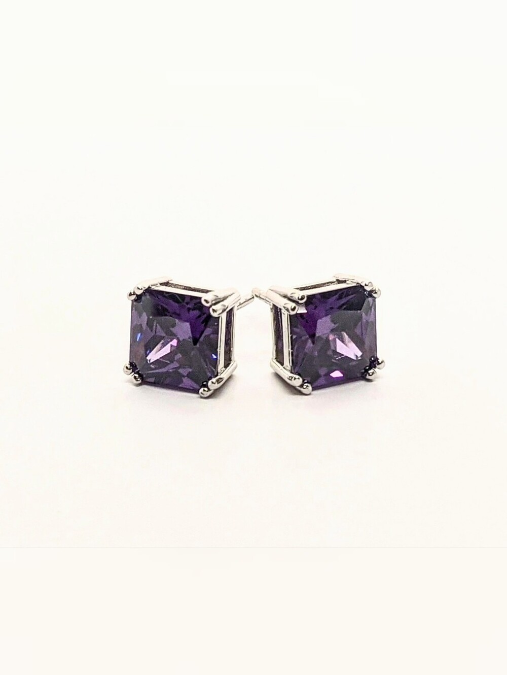 2.40 CTW Princess Cut Simulated Amethyst CZ Studs Solid 925 Sterling Silver - Picture 3 of 6